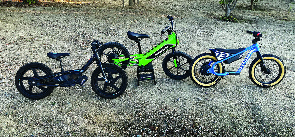 (From left) The STACYC 16e Drive, the Kawasaki Elektrode, and the SUPER73 K1D electric bikes for kids.