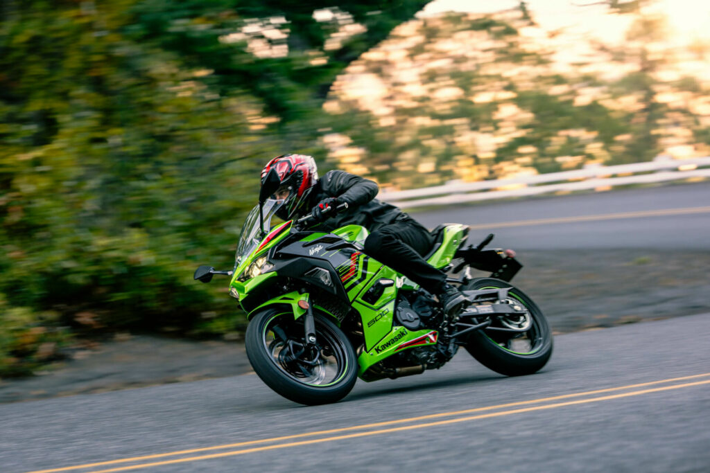 A 2024 Kawasaki Ninja 500 KRT Edition at speed. Photo courtesy Kawasaki Motors Corp., U.S.A.