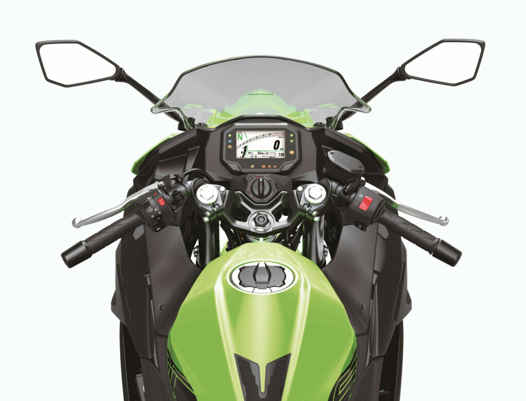 The cockpit view of a 2024 Kawasaki Ninja 500. Photo courtesy Kawasaki Motors Corp., U.S.A.