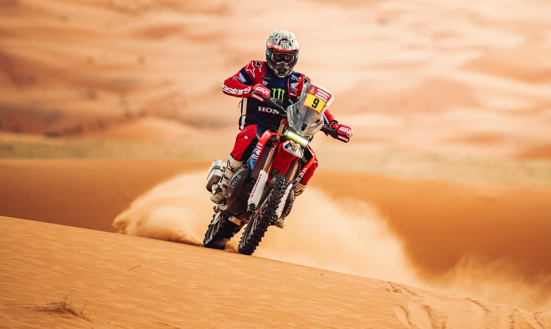 American Ricky Brabec (9) won the 2024 Dakar Rally on his Monster Energy Honda CRF450 Rally. Photo courtesy HRC.