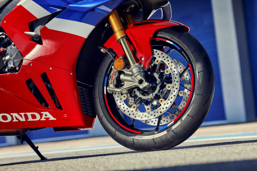 The third generation Öhlins 43mm S-EC3.0 (SV) NPX forks and Brembo Stylema R front brake calipers on the 2024 Honda CBR1000RR-R Fireblade SP. Photo courtesy Honda Motor Europe.