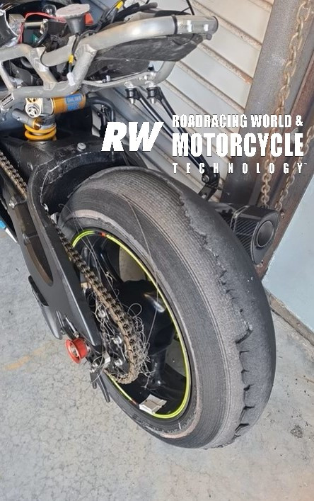 The rear Pirelli on Matt Truelove's crashed Suzuki GSX-R750 as seen in the paddock at Daytona International Speedway.