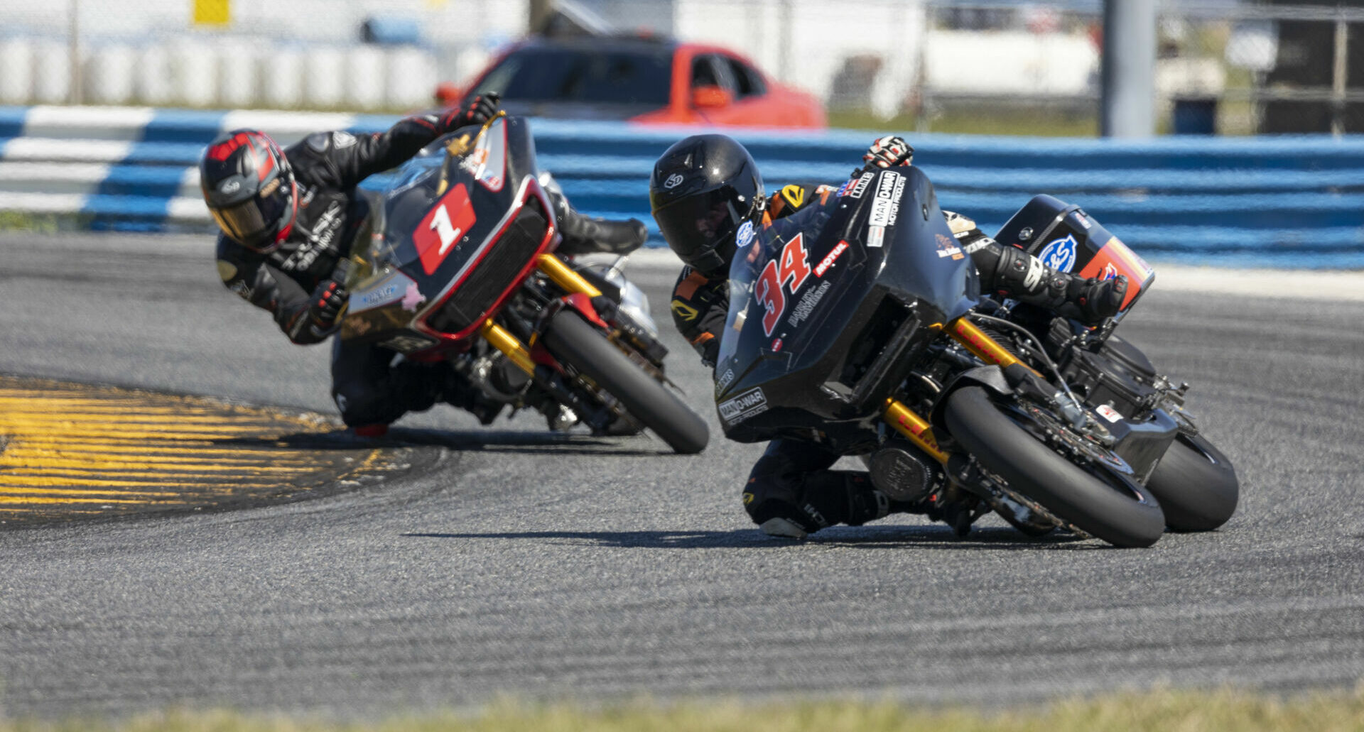 Michael Barnes (34) leads 2021 BRL Bagger GP Champion Shane Narbonne (1) during a race at Daytona International Speedway in October 2022. Photo by Cayla Kaolelopono, courtesy BRL.