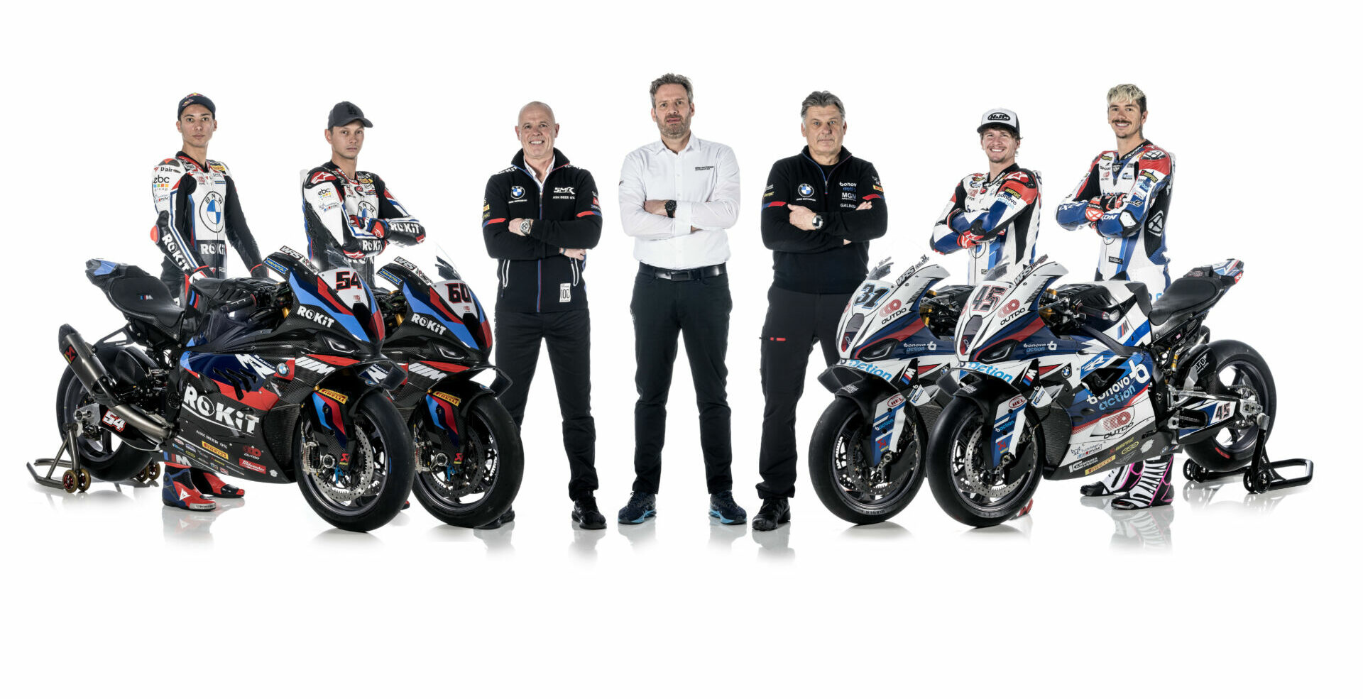 (From left) Michael van der Mark; Toprak Razgatlioglu; Shaun Muir, Team Principal ROKiT BMW Motorrad WorldSBK Team; Marc Bongers, BMW Motorrad Motorsport Director; Michael Galinski, Team Manager Bonovo action BMW Racing Team; Garrett Gerloff; and Scott Redding. Photo courtesy BMW Motorrad Motorsport.